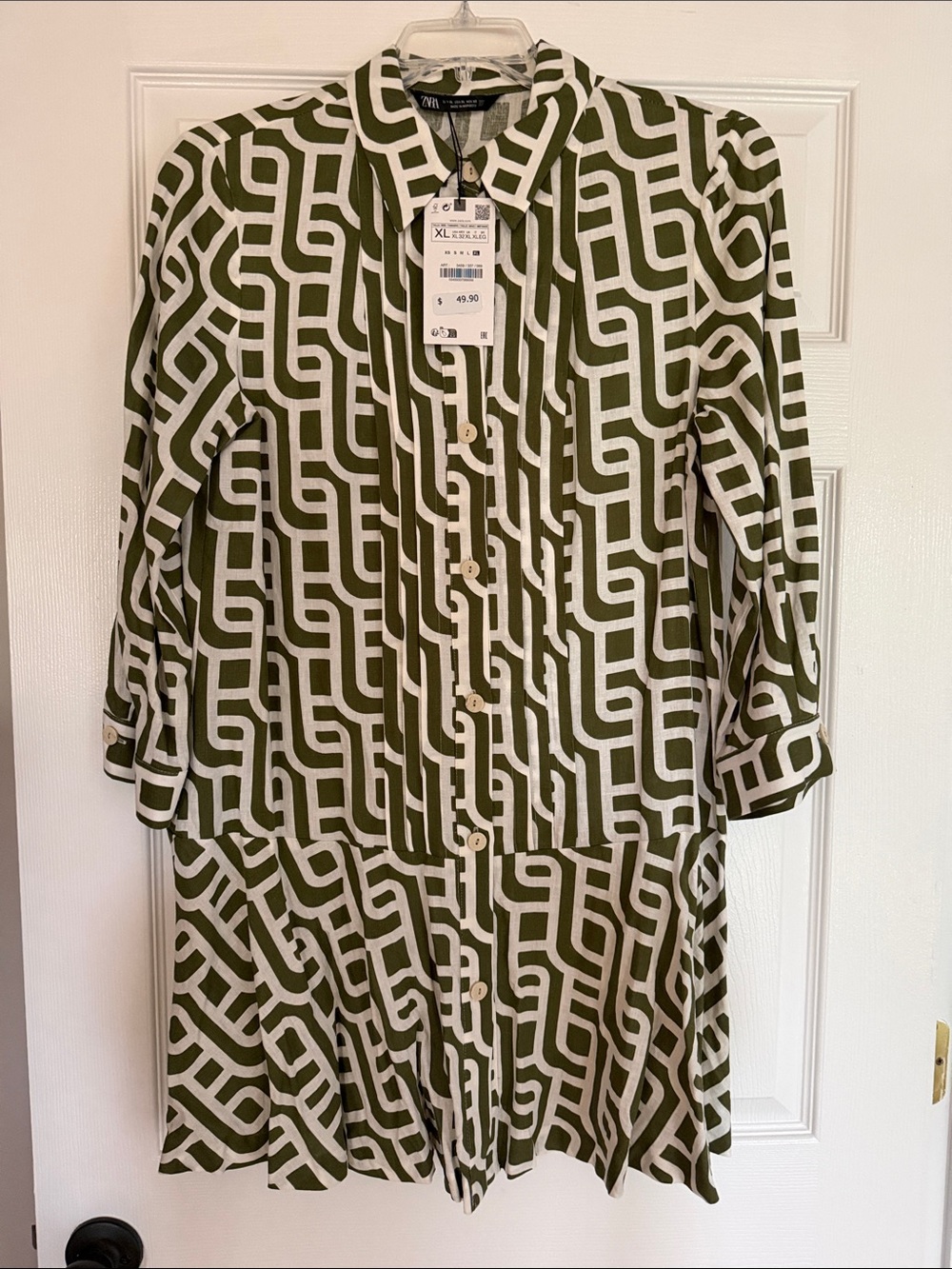 Zara Geometric Olive & White Button-Front Shirt Dress Linen Blend XL NWT